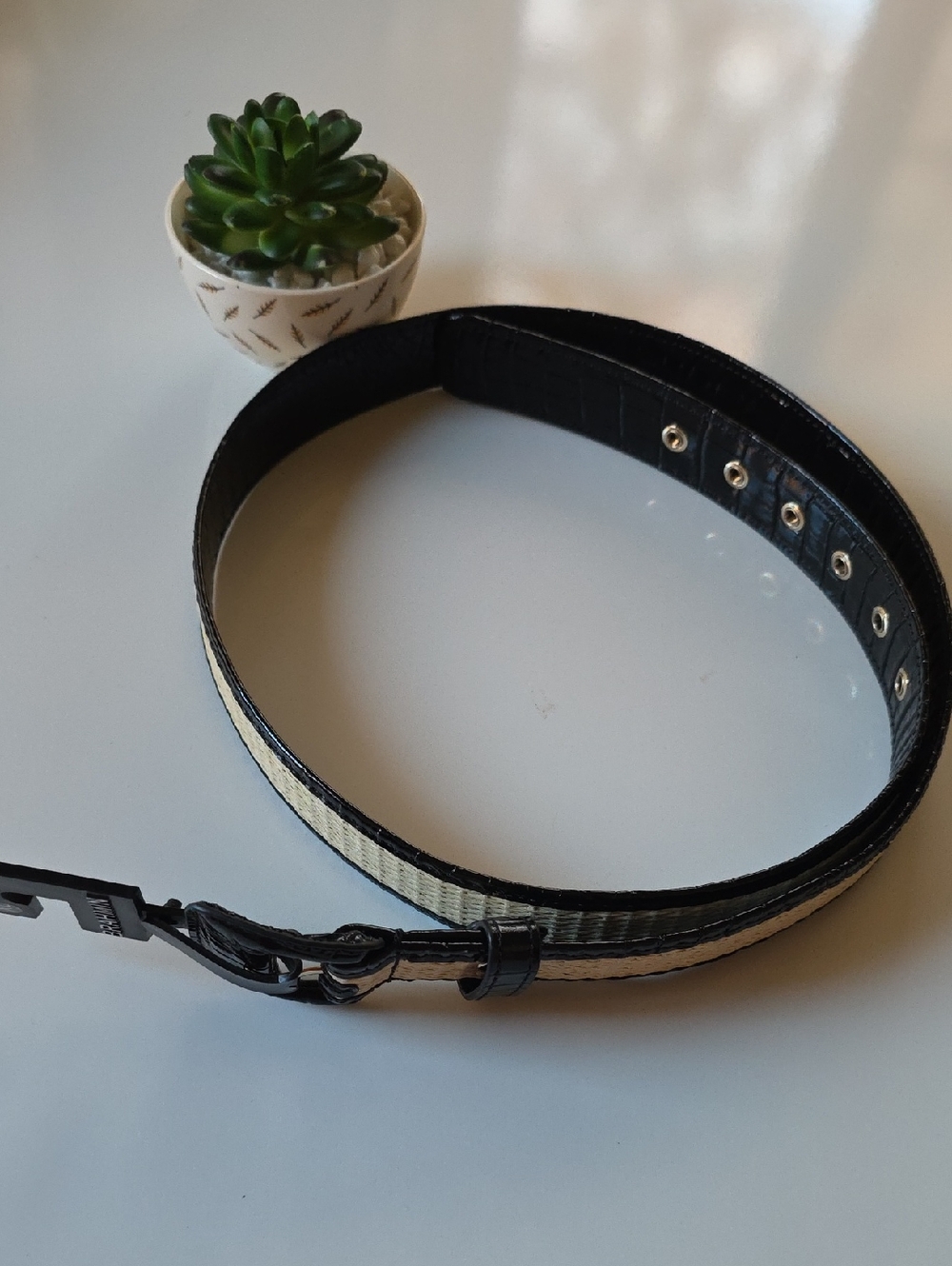 Brahmin Black Trim Woven Beige‎ Straw Belt.